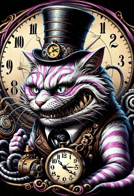 T-shirt design, steampunk, art  , cheshire cat, with tophat and clock embedded in it, old-school style tattoos