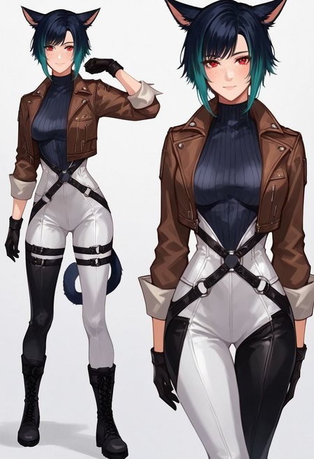 ASCII Busty, score_9, score_8_up, score_7_up, score_7, score_6_up, small breasts, skinny, innocent, pleased, looking at viewer, character portrait, intricate details,((godrays)), pastoral atmosphere, smooth, freckles, two toned hair, dark blue hair with green highlights, red iris, ferelia ctesias, ffxiv miqo'te, catgirl, miqo'te ears, short hair, ffxiv catgirl, full body portrait, high cut white leather leotard, tight black pants, pants over leotard, brown jacket hanging on shoulders, bomber jacket, leather gloves, combat boots, hip vents, exposed hips, rolled up sleeves, exposed forearms, visible forearms, freckles, pants over leotard, mizugi, tactical leg straps,