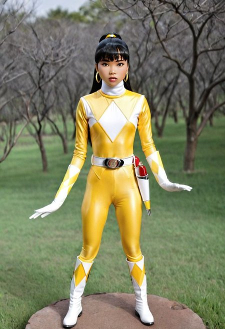 figurine, Trini Kwan, alone, long black straight ponytail hair, fringe, bangs, it's morphin time, helmetless, yellow power ranger, uniform, yellow catsuit, white turtleneck collar, white gloves boots belt, red holstered weapon, neutral facial expression, large chunky steel hoop earrings, in action, facing camera, looking at viewer