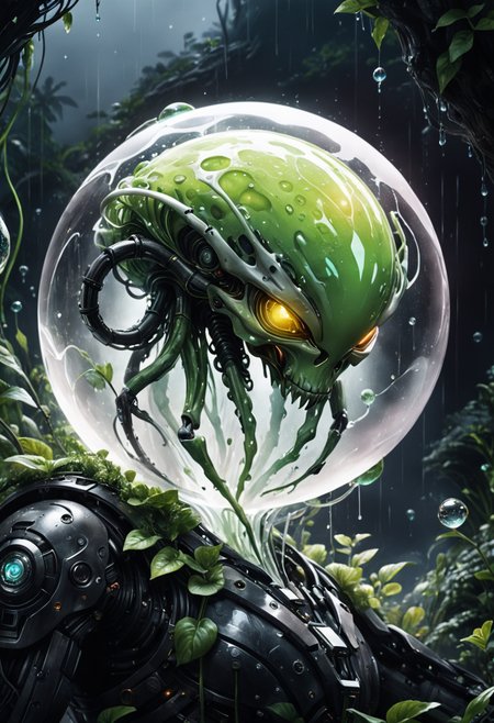 cinematic film still The cyborg's white, rugged exoskeleton has a glass sphere in its body that houses an alien composed of slime,
art work, dark atmosphere,  rainy, 
Style: science fiction, dark fantasy, hyperrealism, microdetalisation, cluttered, luminous, volumetric.
action pose, 
Colour Palette:  r, luminous accents.
Abstract Chromatic Backgrounds
 hyperrealism, microdetalization, drawing details, watercolor, ink, clear contour, luminous, 3d, threads, multilayer, dark fantasy, dark botanical, color illustration, volumetric. . shallow depth of field, vignette, highly detailed, high budget, bokeh, cinemascope, moody, epic, gorgeous, film grain, grainy