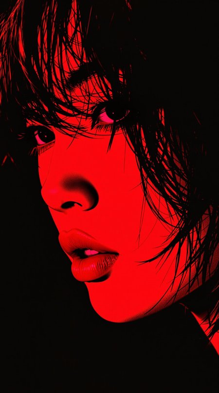 Rendered in striking pop-art style with bold halftone textures and a limited colour palette of black and red, this extreme close-up side portrait captures a young Japanese woman with a tousled, shaggy bob and averted, smoky-eyed gaze. Her expression exudes sensual detachment—lips slightly parted, skin glowing in hyperreal contrast. Bold red and black shadows contour her face in classic pop-art palette, echoing Lichtenstein and cyberpunk poster aesthetics.