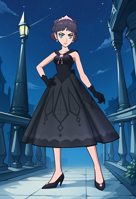 2d, 1girl, solo, standing, night, sygdiantha, def_colors, short_hair, black_hair, blue_eyes, tiara, black_dress, black_gloves, earrings, jewelry, shoes, high_heels, black_footwear, score_9,score_8_up,score_7_up,source_anime