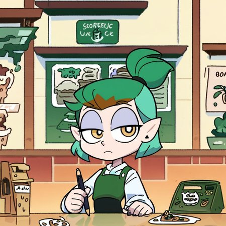 score_9, score_8_up, score_7_up, 1girl, amity blight, yellow eyes, pointy ears, green hair, medium hair, half updo, upper body,
standing, looking at viewer, bags under eyes, 
cafe, behind counter, frown, starbucks, starbucks barista, powerpuff, only
1 pen in scene,