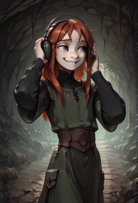 1person, solo, Lapanya, Malgha, freckles, pointy ears, Long-sleeve black shirt, green tunic,
Headphones, hand on headphones, grinning, dancing, movement,
Underground, organic cavern,
Masterpiece, high quality, highly detailed, perfect eyes,