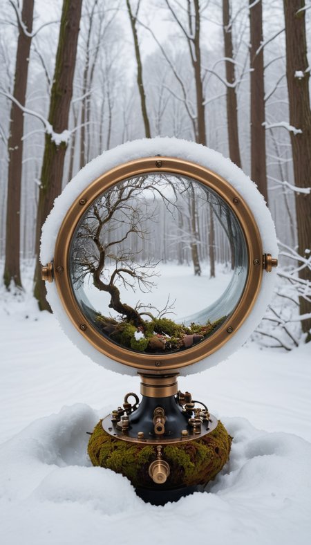 Graceful ("Through the looking glass of imagination, worlds collide, merging reality and dreams into a tapestry of wonder.":1.3) , vegetation, Snowy, Simple and clean, Tranquil, Steampunk Art, Depth of field 100mm, Cathode tube, attractive, <lora:RMSDXL_Creative:3>