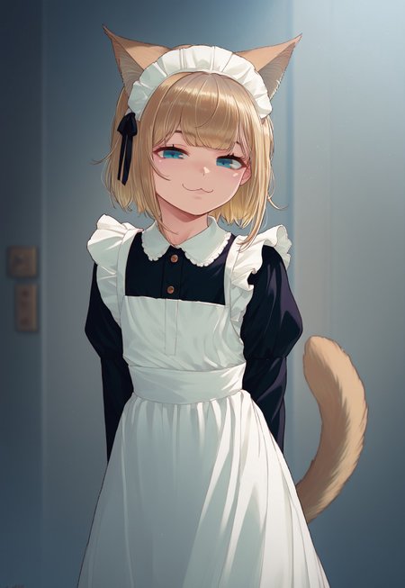 score_9, score_8_up, score_7_up, score_6_up, source_anime, 1girl, blonde hair, medium hair, catgirl, cat ears, fluffy ears, cat tail, flat chest, petite, cute, smug, victorian maid dress, maid outfit, apron, 