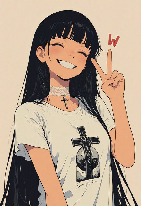1girl, super cute, super sexy, ((black hair, very long straight hair)), (closed eyes), (((><:1.3))), lace choker with cross, blush, (wearing white rock t-shirt), (Short sleeve), very beautiful girl, very cute face, (Medium chest), toothy smile, grin, ((Mouth wide open)), ((V sign:1.2)), (simple background), (Upper Body), solo,  handdrawn styles,
sinozick style, flat color, in the style of cksc, illustration, masterpiece, (extremely detailed CG 8k), (very fine 8K CG), (ultra detailed perfect piece:1.2), lat color, no lineart,,(no lineart, flat art style:1.0), NO_LINE_ART, comical, simple,
 <lora:Sinozick_Style_XL_Pony:0.35> <lora:NOOB_vp1_detailer_by_volnovik_v1:1> <lora:ponyv6_noobV1_2_adamW:0.9> <lora:ck-shadow-circuit-IL:1>