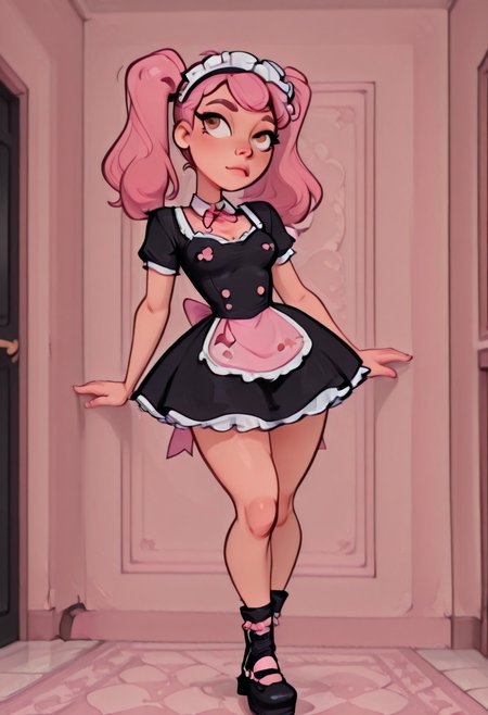 1girl(femboy, pink hair, dual ponytails, hazel eyes, small breasts, standing), Dynamic angle, Dynamic pose, NSFW, smoove, maid dress, pink bow, frills, short sleeves, maid headdress, dusting, vaccuming