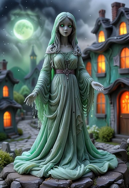 (medium full shot) of (wraithlike ghost) ethereal figure, transparent fading body, fading hands, faintly glowing green eyes, faintly glowing,ghostly hair,  with a flowing gown, shimmering faintly with a haunting presence, mournful, glowing amulet,  set in  a ghostly village, with crumbling buildings, faint whispers, a haunting stillness , during a full moon, amidst a thick fog,  Masterpiece,best quality, very aesthetic