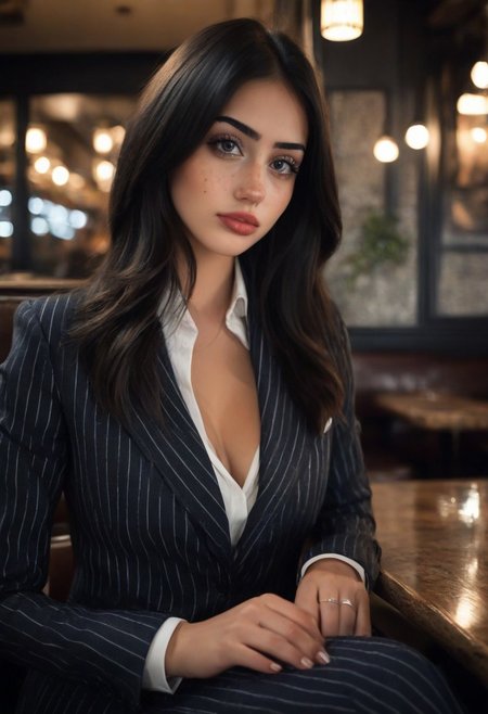 28yo busty girl xxsxx (Long hair, black hair, ahoge, big breasts) wearing (striped business suit), sit in restaurant