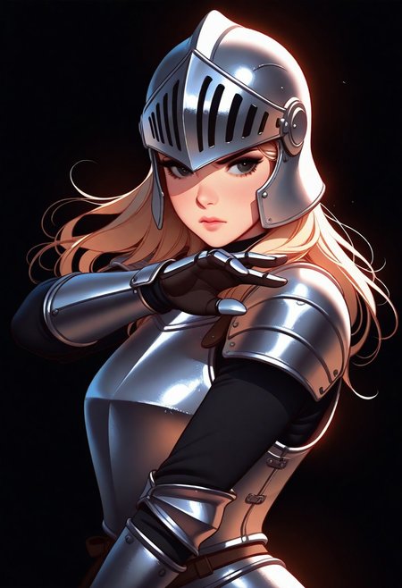 Tsuaii, flat colors,high detailed, high quality, masterpiece, 
 1girl, upper body, (black background), dynamic lighting, standing, battle stance,
steel breastplate, knight helmet,