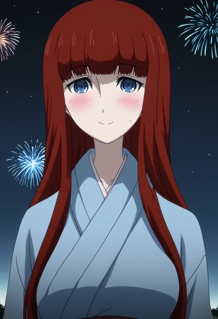 rating_safe, Ultra-high-detailed Anime illustration of Kagari Shiina from Anime Steins;Gate 0. 
The artwork features Kagari in a solo, standing position with a outdoors, flield, and night background. night time. night. stars.
She is depicted with intricate details showcasing her large breasts, natural_breasts. She is a white skinned, 22 years old woman. Kagari is looking_at_viewer with perfect_eyes, Her pupils are highly detailed. The eyes are open. blue eyes. Kagari's eyes are highlighted. Highlighted eyevrows. 
She has long hair, red colored hair, styled in blunt bangs and floating hair.
She is wearing a blue kimono and black shoes. japanese kimono, kimono.
The artistic style is intricate_details_xl with a focus on Anime art. The color palette emphasizes red and black with detailed strokes to bring out the character's features. The lighting creates dramatic shadows and highlights, adding depth to the artwork. The perspective is from a face focus, dutch angle to enhance the impact of the character's expression. This masterpiece is a true portrayal of Kagari's complex personality and will captivate any fan of Kagari. uncensored, upper body, blushing, smile, Kagari Shiina,
perfecteyes,
<lora:Steins_Gate:1>
kimono
happy new year!, Happy New Year golden fireworks, Happy New Years