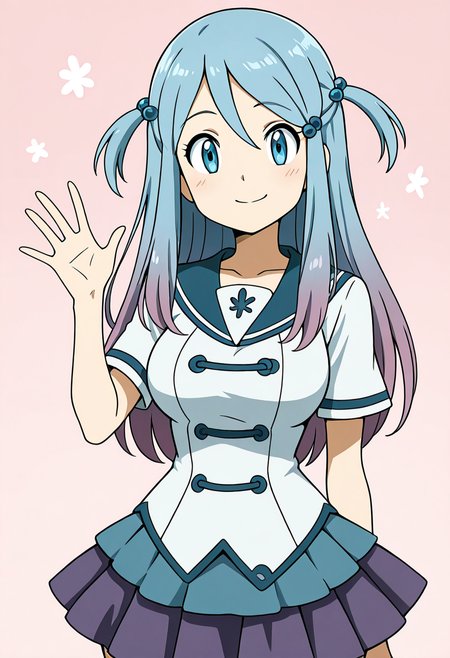 masterpiece, best quality, solo, curvy, beautiful eyes, large breasts, aged up, narrow waist, wide hips, 1girl, solo, smile, looking at viewer,   zzLazuli, blue eyes, hair between eyes, blue hair, gradient hair, hair bobbles, hair ornament, long hair, multicolored hair, two side up,  school uniform, serafuku, sailor collar, blue skirt, pleated skirt, short sleeves,   ,<lora:LazuliByKurumiErika_IXL:1.0>,  one hand raised, waving, standing pose, cowboy shot, smile,  looking at viewer,