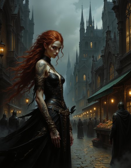 In the heart of a medieval town, a bustling marketplace unfolds under a gloomy, overcast sky, steeped in a dark Gothic atmosphere. Narrow cobblestone streets wind between towering, gothic-style buildings with pointed arches, intricate stone carvings, and tall, looming spires that cast long shadows over the scene. Market stalls line the square, selling everything from darkly colored fabrics to strange, arcane trinkets, with vendors cloaked in tattered robes. Amidst the crowd, a young female witch stands out, her scarlet, messy Dutch-braided hair contrasting sharply with her pale, tattooed skin. Her wide, blue eyes are framed by heavy black eyeliner, and her lips are painted a deep red, giving her a sinister, gothic allure. She wears a black, gothic Bliaut with bare shoulders, revealing intricate tattoos, and her bare feet silently tread the cold cobblestone. Rings adorn her fingers, and a dark necklace rests against her collarbone, while her long, pointed nose and slim face add to her eerie presence. Her expression is threatening, exuding power as she scans the marketplace with a cold, calculating gaze. The flickering lanterns, thick fog, and ravens circling above complete the haunting, gothic scene. (high-resolution, dark, atmospheric, gothic, medieval, eerie).
3th33r34l <lora:ethereal-grace:0.5>,  <lora:flux.1_lora_flyway_Epic-detail_v2:0.8>âââ