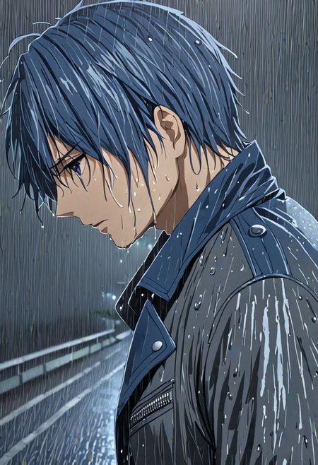 high resolution, solo, best quality, 1Boy, Tomoya Okazaki, Grey Blue Hair, heavy rain, night, looking down, sad, leather jacket, looking away, wet, wet hair, OverallDetail