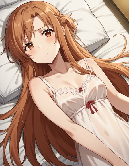 score_9, score_8_up, score_7_up, source_anime, asunayuuki, <lora:asuna-yuuki-s1-ponyxl-lora-nochekaiser:1>, asuna yuuki, long hair, brown hair, brown eyes,, <lora:chemise-ponyxl-lora-nochekaiser:1>, chemise, strap slip, see-through, bare shoulders, collarbone, thighs,, indoors, bed, bed room, on back, on bed, blush,, cowboy shot, dutch angle, looking at viewer,