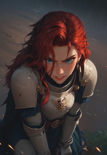 1girl, solo, 24 year old woman, large build, kneeling:1.4, beautiful, long hair, dark red hair, freckles:1.4, face uplifted:1.6, looking up, looking at the sky, earrings, fierce grin:1.5, crying:1.5, teeth clenched:1.4, angry smile:1.5, wide hips, knight armor:1.5, heavy armor, gauntlets, greaves, bright blue eyes, arms at her sides, rain falling on her face:1.5, tan skin, on knees, tears on chin, tears on cheeks,

dusk, after battle, muddy field, some grass, fallen soldiers around her:1.4, storming, dark gray sky, dark sky:1.4, streaming banners, battlefield, intense rain:1.3, dreary, raining, overcast, mountains and hills in the background,

score_9, score_8_up, score_8, masterpiece, best quality, official art, extremely detailed, CG unity 8k wallpaper, absurdres, high definition, photorealism:1.5, detailed shading, high contrast, ambient occlusion, vivid colors:1.5, saturated colors:1.6, 

downward angle:1.3, cowboy shot, cinematic, from above:1.3,

expressiveh, whites40k, tears, 
