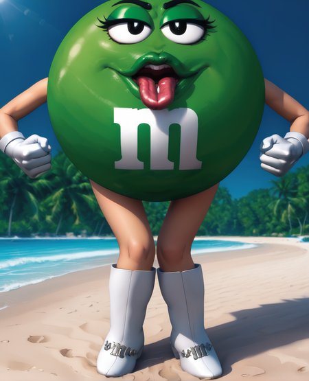 msgreen,white gloves,black eyes,m,clenched hands,wide mouth,
standing,white boots,green eyeshadow,open mouth,tongue out,fat tongue,
beach resort,morning, from below, 
<lora:MsGreen:1>,
