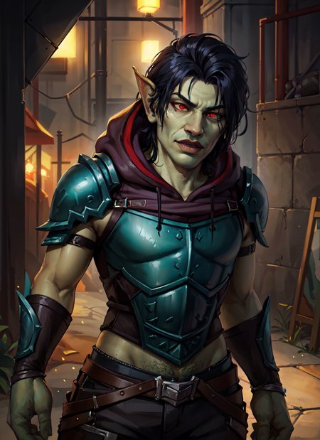 1boy, cowboy shot of hewowgob rogue, green skin, leather armor, hood on, glowing red eyes, black hair, dark alley, volumetric lighting, best quality, masterpiece, intricate details, realistic  <lora:sxz-goblins-v2:0.6>