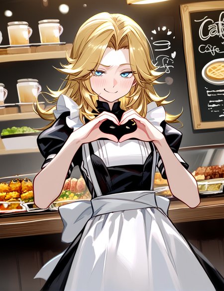 blonde hair, blue eyes, long hair, 
maid,
cowboy shot, blush, smug, heart hands, 
cafe, cowboy shot, food display,
masterpiece, best quality, very awa
<lora:invisiblewoman:1>