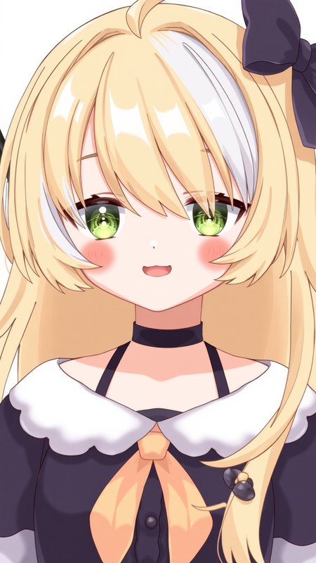 inis, blonde hair, green eyes, long hair, smile, streaked hair, headband,
portrait, 