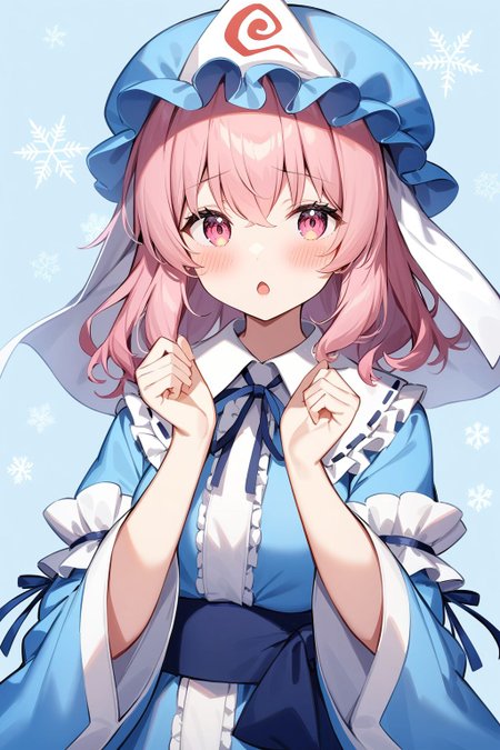 <lora:saigyouji_yuyuko XL:1>,, saigyouji yuyuko, 1girl, solo, hat, triangular headpiece, mob cap, japanese clothes, blue headwear, long sleeves, blue kimono, blue background, kimono, open mouth, simple background, blush, wide sleeves, upper body, looking at viewer, hands up, frills, ribbon, blue ribbon, blue belt, snowflakes, collared dress, :o, masterpiece,best quality,very aesthetic,absurdres