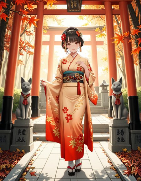 looking at viewer,A graceful Japanese woman standing in front of a traditional Inari shrine, wearing an elegant mauve kimono adorned with intricate floral patterns. Her dark hair is styled in a classic updo, decorated with delicate kanzashi hair ornaments. She has a serene and contemplative expression as she gazes towards the shrine. The scene is set in the late afternoon, with soft golden sunlight filtering through the vibrant red torii gates that create a tunnel leading to the shrine. The ground is covered with autumn leaves in warm shades of red, orange, and yellow. Stone fox statues, draped with sacred red bibs, guard the entrance, adding to the shrine's mystical aura. Traditional stone lanterns emit a soft, warm glow, enhancing the spiritual and tranquil ambiance. The background features lush greenery, contrasting with the shrineâs vivid vermillion hues. The image is in a photorealistic style, with high dynamic range lighting, capturing every intricate detail from the fabricâs texture to the play of light and shadows, evoking a sense of peace and tradition.
<lora:SDXLFaeTastic2400:0.4> <lora:extremely_detailed:0.4> extremely detailed, <lora:Inari_shr1n3:1>,Inari shr1n3, Masterpiece,best quality,hi res,8k,hi res,8k,award winning,(sharp focus, intricate, highly detailed),