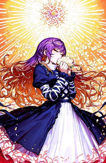 1 girl,  hijiri_byakuren, 1girl, blonde_hair, closed_eyes ,dress ,flower, gradient_hair ,layered_dress, long_hair ,multicolored_hair ,purple_hair ,solo,
christmas_sweater, 
,Fishine, munakata_(sekimizu_kazuki),dekosukentr,kizuki_aruchu ï¼ireadingï¼kubo_tite_(style) ,
ï¼masterpiece, best quality, newest, absurdres, highres,
<lora:illustrious_noobai_epsilon_pred_1_best_quality_v1:0.6> ,<lora:illustrious_noobai_epsilon_pred_1_masterpieces_v1:0.6>, <lora:illustrious_noobai_epsilon_pred_11_very_aesthetic_v1:0.6>, <lora:ponyv5_noobV065S_1_adamW:0.6>, <lora:add-detail-xl:0.5>, <lora:GEN(illust) 0.2v:0.6>, <lora:USNR STYLE_XL_loha:0.6>, <lora:cfg_scale_boost:0.4>, <lora:christmas_sweater:0.8>