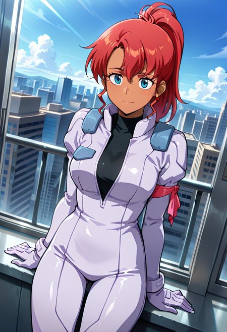 ((masterpiece, absurdres)), best quality, amazing quality, newest, 4k, anime coloring, very aesthetic, ray tracing, Smooth Quality, CG,city view,kate, 1 female, red hair, pony hairstyle, dark blue eyes, pilotsuit, gloves, turtleneck t-shirt, arm ribbon,brown skin