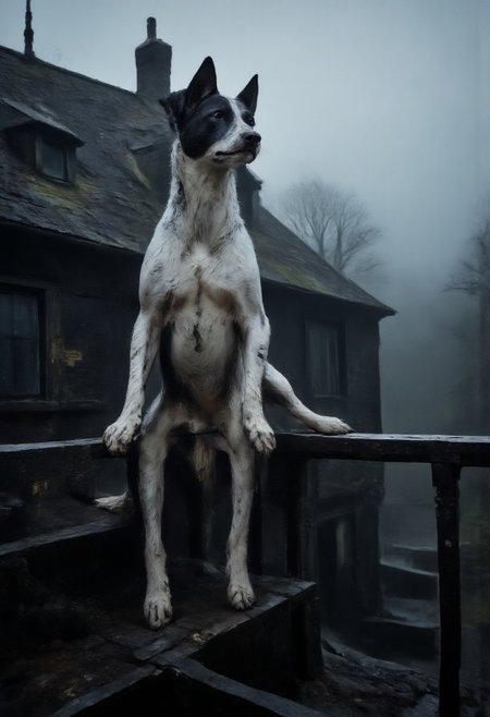 a dog, paws on railing, standing on hind feet, looking outside, view from back, roof top, old house, evening, trees, dark atmosphere, fog,