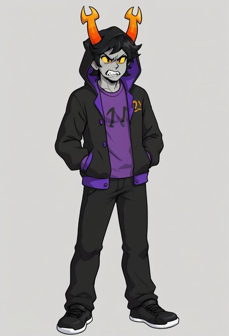 grey skin, 1boy, male focus, yellow sclera, black hair, horns, yellow sclera, solo, hood, hoodie, full body, pants, simple background, jacket, troll, nubhorns, purple shirt, angry, 
BREAK,
three-quarter view,
BREAK,
fnf