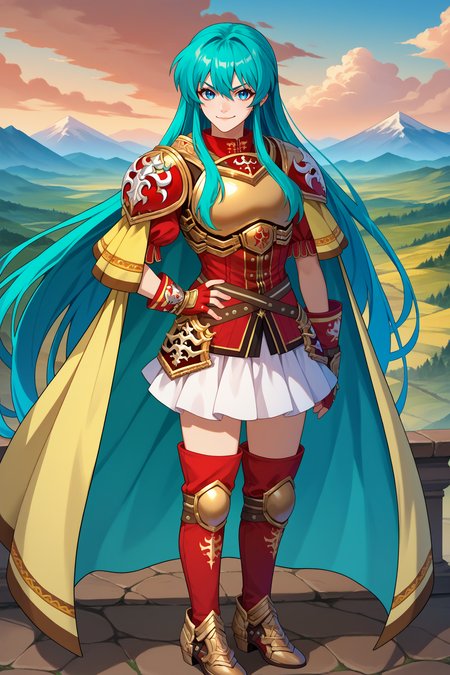 score_9, score_8_up, score_7_up, score_6_up, source_anime, 1girl, solo  <lora:defeirika-pdxl-nvwls-v1-000005:1> defEir, cyan hair, long hair, hair between eyes, red shirt, gold trim, gold armor, yellow cape, red gloves, fingerless gloves, brown straps, white skirt, looking at you, smirk, hand on hip, armored boots, thigh boots, full body, hill, blue sky, clouds, mountain