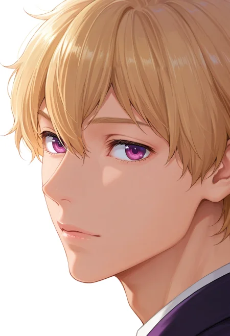 masterpiece, best quality, , semi-realistic, , 1boy, solo, male focus, <lora:nagisa_hazuki_ilxl:1>, nagisa_hazuki, blonde hair, purple eyes, ,