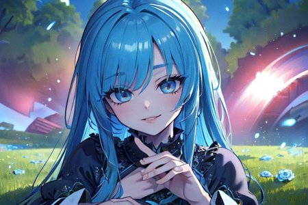 (masterpiece:1.4), 4K8K, (anime style), (high shutterspeed:1.4), (sharp edges), 
SyFyEye1, FanFo, 
1woman  hands togather,  leaning foward, face focus, smile, closed mouth, 
wearing Celtic style dress, (Detailed face, Detailed eyes, Detailed lips), (solo), 
blue hair, any colored roses, Fantastic, grass firld,