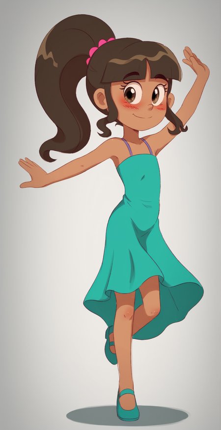 ((score_9)), score_8_up, score_7_up, ((masterpiece)), ((high quality)), zPDXL3, BREAK
 Padoga style, 1girl, dress, looking at viewer, blushing, dancing, dark-skinned female, high ponytail, short torso, cute, school prom<lora:Padoga_style:1>