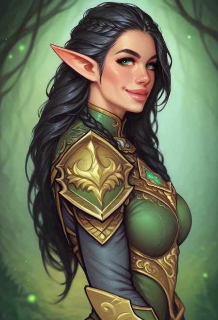 1girl, (((side view))), from front, 1girl, illustration, comic style, highly detailed, skinny, model body, looking at viewer, 1girl, masterpiece, best quality, naestra, solo, pointy ears, black hair, long hair, elf, 1girl,  green eyes, half face mask, <lora:Naestra:1.3>, (((dynamic pose)))
BREAK
(((Warhammer Fantasy Battle style)))
((Elven gold Lamellar armor)), green clothes, ((((elven sword in hand)))), dynamic pose, ready to fight
BREAK
slight smile, looking at viewer
long hair, black hair, big hair, green eyes
best quality, depth of field, bokeh, (((full clothed))), dynamic pose
BREAK 
(wild forest:1.2) score_9, score_8_up, score_7_up, score_6_up, source_cartoon, rating_explicit, Expressiveh, ((((upper body))))), dynamic pose, dynamic pose