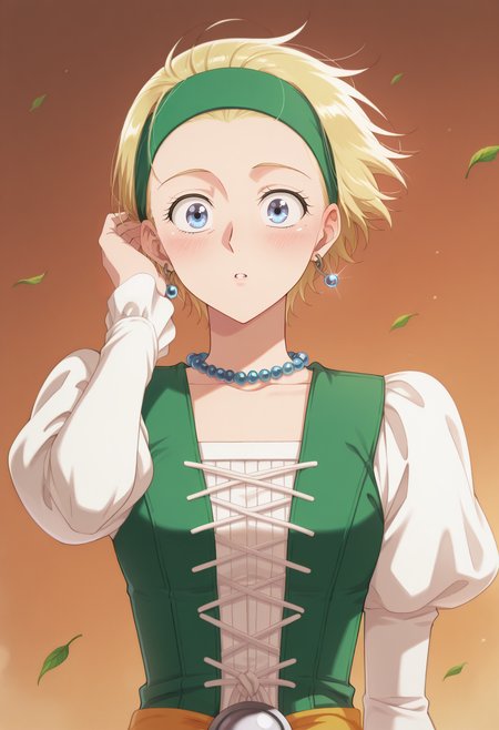 anime screencap, anime coloring,  <lora:DX888Serena:1> serena, blue eyes, blonde hair,short hair, hair slicked back BRAEK green hairband, earrings, dress, juliet sleeves, bead necklace, BREAK simple background,   brown background, mosaic background, BREAK   1girl, blush, falling leaves, hand in own hair, leaf, parted lips, solo, upper body, wide-eyed, wind, floating hair,