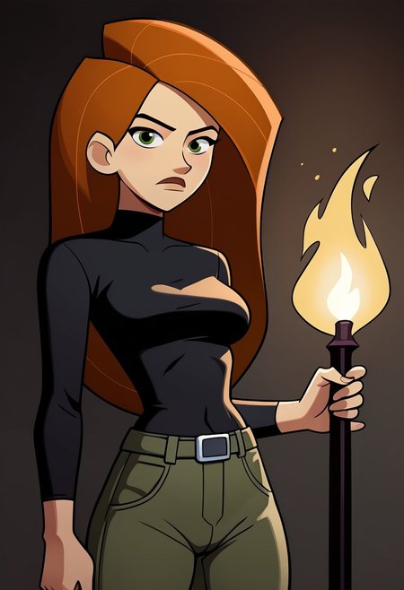 mangamaster, kim possible, black skintight shirt, cargo pants, dark room, holding torch, torch on, from slight angle, solo, slightly frightened,
