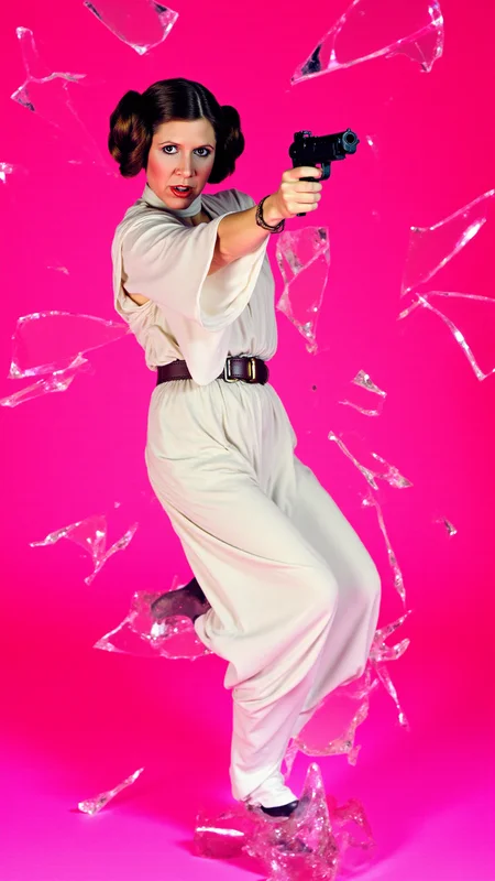 <lora:Carrie_Fisher_Flux:1.2> A dynamic, high-energy scene captures Carrie Fisher as Princess Leia Organa holding a blaster from starwars pointed at viewer in a fierce pose, mid-action as she bursts through a shattered glass surface, shards flying in all directions. Perfect hands. The background is a solid, vivid HotPink, creating a stark, intense contrast with the sharp, reflective fragments of glass. She's a young woman with fair skin and brown hair styled in two large, round buns, dressed in her iconic white, floor-length gown, which features a high neck and long, flowing sleeves.   Her body is marked with small cuts from the glass, droplets of blood glistening under the light. Her expression is one of pure fury, his eyes locked onto the viewer as if they are the target of her rage. Her pose is explosive, one leg extended forward as if sheâs leaping through the air, his arms raised defensively or ready to strike. The glass shards around him are frozen in mid-air, their jagged edges catching the light and creating a chaotic, almost surreal effect. The HotPink background amplifies the intensity of the moment, evoking a sense of danger and raw emotion. The atmosphere is charged with adrenaline, the aftermath of his violent breakthrough palpable in every detail. The image feels as if itâs happening directly in front of the viewer, Carrie Fisher as Princess Leia Organaâs momentum and the flying glass creating a sense of immediacy and immersion. Itâs a moment of chaos and power, a snapshot of rage and determination frozen in time. The combination of the HotPink backdrop, the sharp glass, and Carrie Fisher as Princess Leia Organaâs fierce expression makes for a visually striking and emotionally charged composition. She goes forward, driven by duty and the promise of glory.