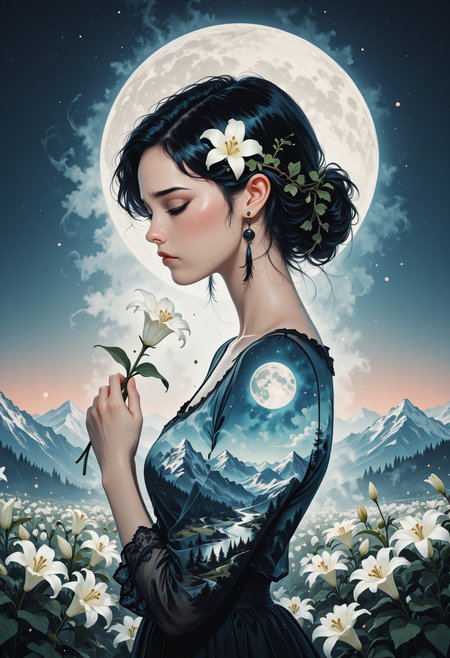 cinematic , bokeh , dramatic,, Limited_Palette, (minimalism:1.2), girl ,silhouette , lily flower , (smell a flower) , vine , poetic , dramatic , sad ,
jeddbleil, ((double exposure)), blending, earrings, moon ,
, remenbering , mother  , mountain , held a flower , delicate hand ,