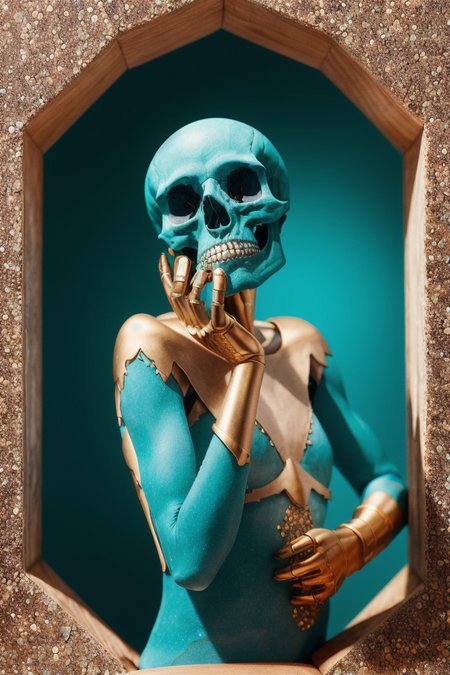 professional photo of Crytal_Skull, studio lighting, (druzy) chrysocolla, light bokeh, sharp focus, intricate detail, gold trim, wood background