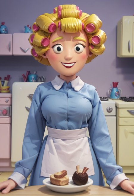 ((bedroom background)),score_9, score_8_up, score_7_up,score_6_up, 
1girl, Solo, NurseBendy_MO, light skin, blonde hair, short hair, black eyes, red lips, blonde eyebrows, small red round ears, big eyes, hairstyle with hair curling tubes, long blue dress with sleeves, white apron for waist, black flat shoes, medium stature, social smile, sexy face, close-up, face photo, perfect eyes, perfect smile, looking at the viewer, big breasts, detailed eyes, perfect eyes, very close-up