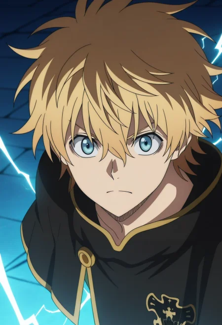 masterpiece, best quality, intricate details, anime screencap, anime coloring, official style, looking at viewer, 1boy, solo, male focus, <lora:luck_voltia_ilxl:0.96>, luck_voltia, blonde hair, blue eyes, short hair, hair between eyes, electricity, capelet, ,