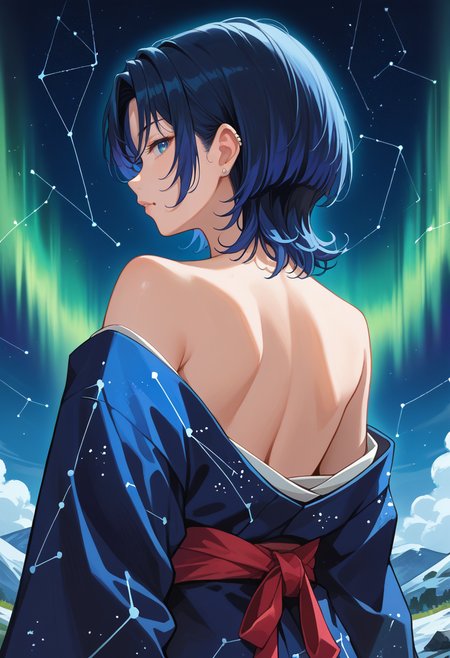 score_9, score_8_up, source_anime, 1girl, solo, HiodoshiAo, medium hair, parted bangs, mole under mouth, earrings, aurora, back, bare back, bare shoulders, constellation, from behind, kimono, light particles, long sleeves, off shoulder, <lora:ChamHiodoshiAoPonyXL:1>