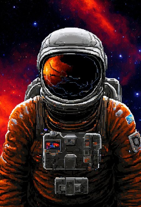 w1ngc0mmander, pixel art,
A determined astronaut in a sleek spacesuit floats near a massive space station orbiting a colorful nebula. Starry background, futuristic technology, helmet reflection, extreme close-up, portrait.