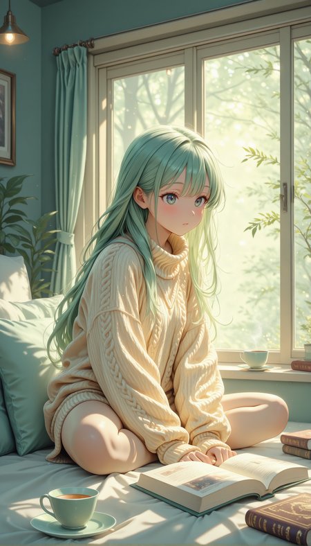 masterpiece, best quality, amazing quality, very aesthetic, absurdres, detailed eyes, newest, pinkenchantedmj, <lora:PinkieEnchantedMJIL:0.8>, 
1girl, pastel mint-green hair, long hair, sitting pose, large window, soft light, cup of tea, oversized knitted sweater, cozy aesthetic, books, lights