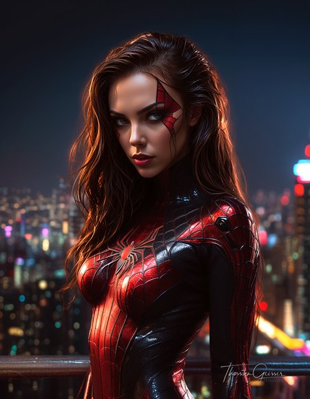 cyberpunk cityscape A photorealistic portrait of a stunningly beautiful Spider-Woman, her alluring features accentuated by her form-fitting, web-patterned suit. Her eyes, a mesmerizing shade of red or black, sparkle with a mischievous glint, hinting at her superhuman abilities and playful nature. Her long, flowing hair cascades over her shoulders, framing her face with an air of mystery and intrigue. Her pose is confident and seductive, showcasing her athletic physique and powerful presence. The background is a dimly lit cityscape, with towering skyscrapers and neon lights creating a dramatic backdrop. The lighting is dramatic, highlighting the contours of her body and the intricate details of her costume.  <lora:MJ52.safetensors:0.00>     . neon lights, dark alleys, skyscrapers, futuristic, vibrant colors, high contrast, highly detailed