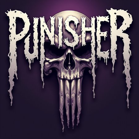 A striking, edgy poster featuring the word "Punisher" in a rough, stretched font. The end of each letter is pulled down to form a menacing skull, exuding a sense of danger and darkness. The rough, gothic-inspired typography adds to the overall gritty and intense atmosphere. The background is a sinister shade of purple, enhancing the ominous and powerful feel of the image., illustration, typography, poster