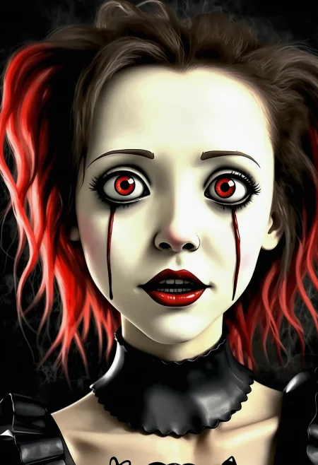 elpahanstyle, surreal portrait of creepy goth girl with large piercing red-pink eyes staring directly at the viewer in a crazy manner, her expressive lips form a subtle hungry smile, her hairstyle is eccentric and messy, her skin appears cracked like broken porcelain doll's face with a cracked surface, the background is a dark place with reflective surfaces mirroring an eerie light like shards in the sun, rimlighting, grimdark artwork, masterpiece, red hot meaning of life   <lora:flux\flux_elpahanstyle> <lora:acc\dmd2_sdxl_4step_lora_fp16>