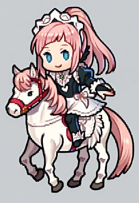score_9, score_8_up, score_7_up, source_anime, BREAK 1girl, solo,  <lora:Feh-Sprites-pdxl_Fp:1>, simple background, chibi, full body, horseback riding, horse, <lora:felicia-fe-richy-v1_xl:1>, feliciadef, pink hair, ponytail, blue eyes, maid headdress, brooch, maid apron, black thighhighs, bridal gauntlets, smile